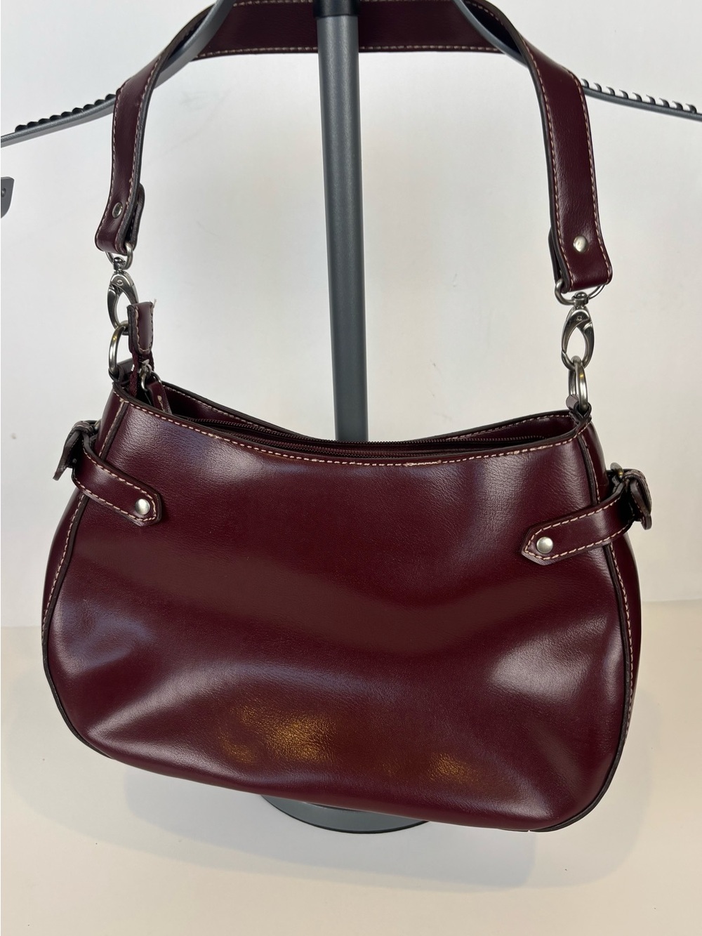 Y2K Burgundy Curved Hobo Bag Underarm Purse Silver Buckle Accent